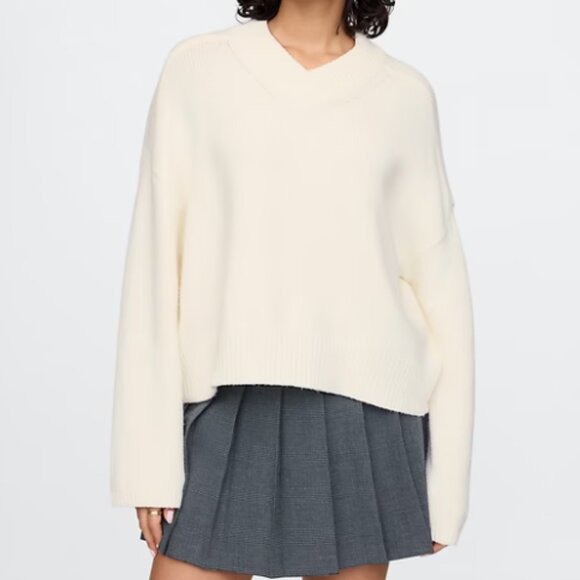 NWT Gap CashSoft Cropped High V-Neck Sweater - Ivory frost beige - Picture 1 of 4